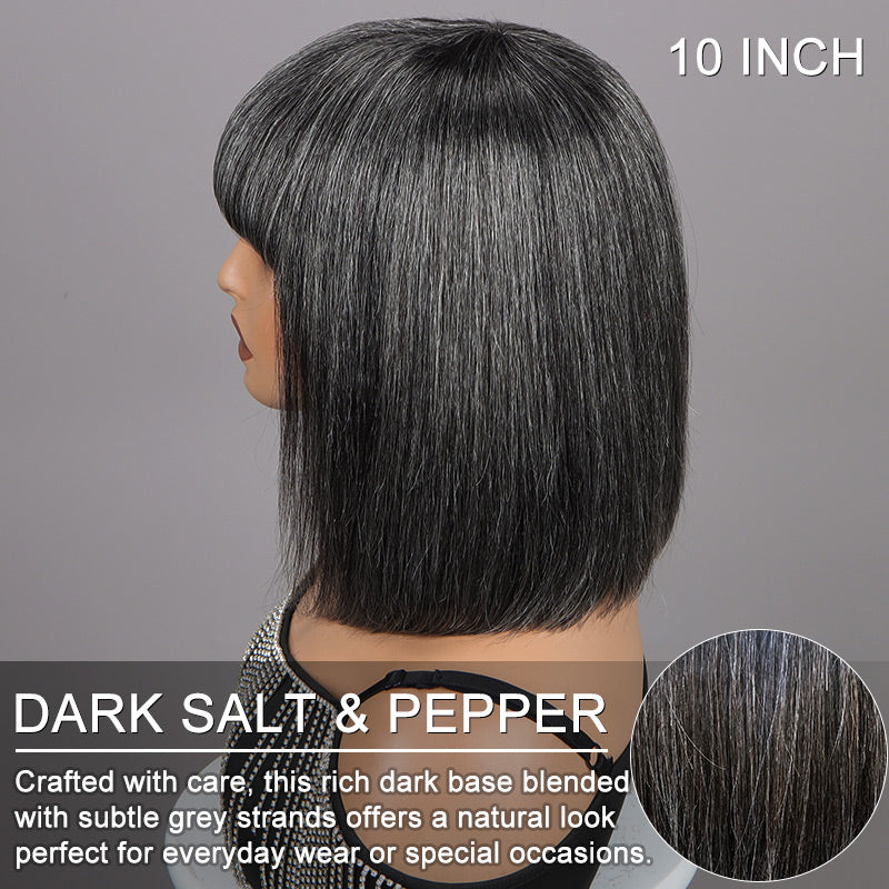 Renee | Chic Salt & Pepper Straight Bob Wig With Bangs Real Glueless Human Hair Wigs For Women-dark salt and pepper blend wig for older women over 50- side view
