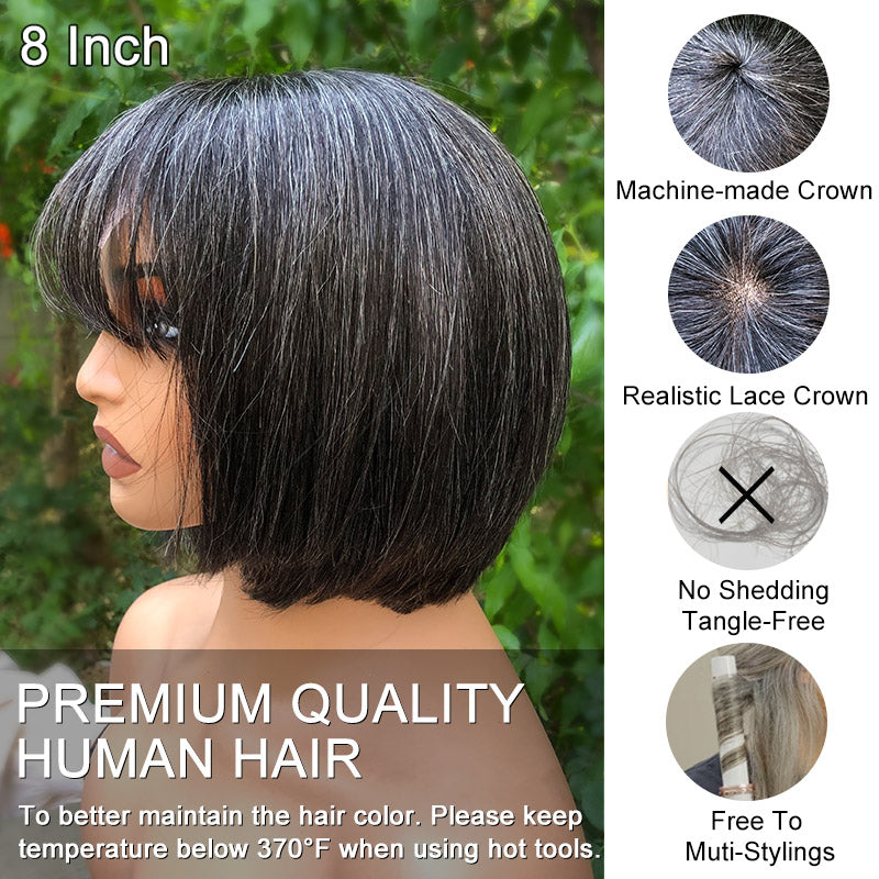 Renee | Chic Salt & Pepper Straight Bob Wig With Bangs Real Glueless Human Hair Wigs For Women-dark salt and pepper blend wig for older women over 50-side view inoutside
