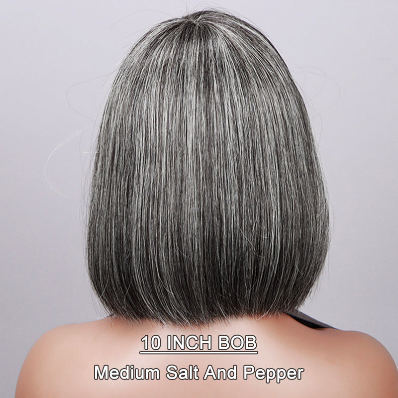 Renee | Chic Salt & Pepper Straight Bob Wig With Bangs Real Glueless Human Hair Wigs For Women-dark salt and pepper blend wig for older women over 50- 10 inch wig view