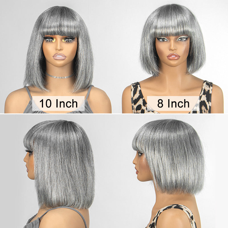 Soul Lady Trendy Salt & Pepper Short Straight Bob Wig With Bangs Real Human Hair Glueless Wigs For Seniors | ready to wear and go glueless gray wig for old women-8 inch vs 10 inch wig