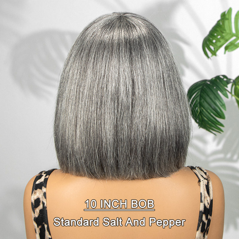 Vivian | Chic Salt & Pepper Straight Bob Wig With Bangs Real Human Hair  10 inch wear and go Glueless Wigs For older women over 50 from Soul Lady Wig Store-back view
