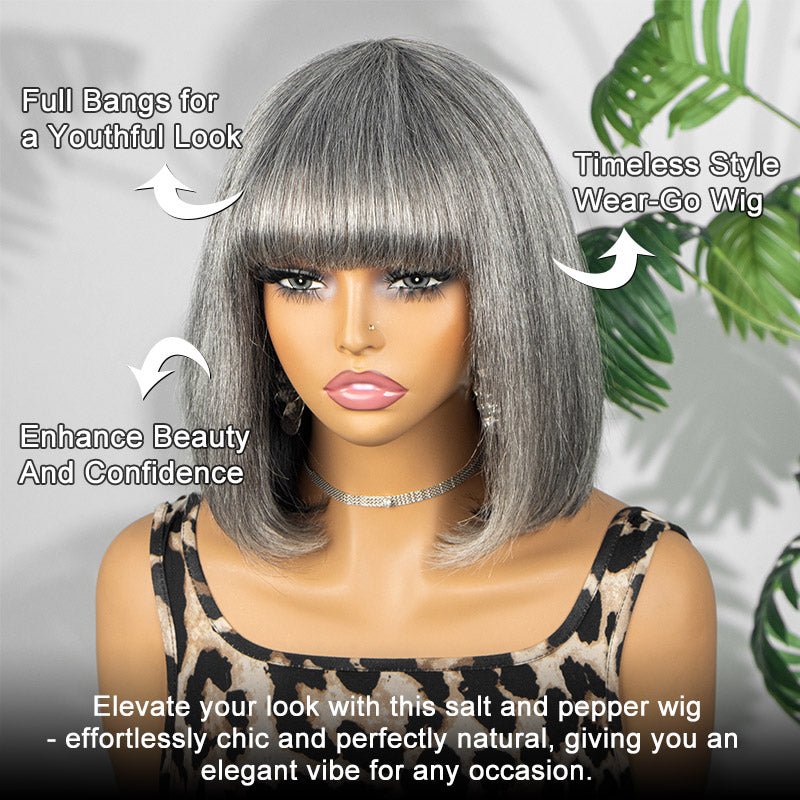 Salt and Pepper Human Hair Bob Wig with Bangs Glueless Straight Short 10 Inch Medium Salt and Pepper Straight Bob Human Hair Wigs with  main image 3