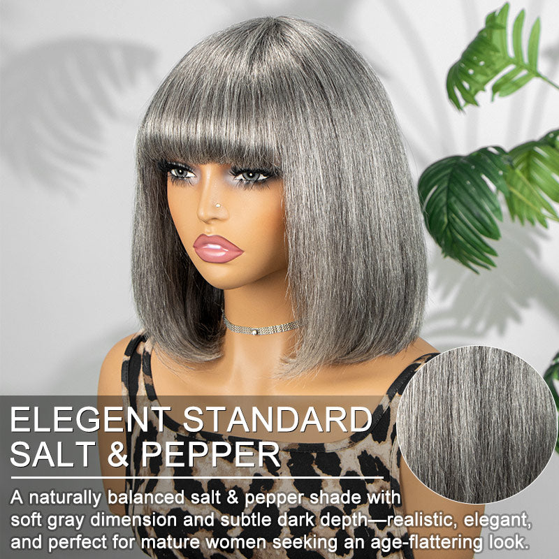 Vivian | Chic Salt & Pepper Straight Bob Wig With Bangs Real Human Hair  10 inch wear and go Glueless Wigs For older women over 50 from Soul Lady Wig Store