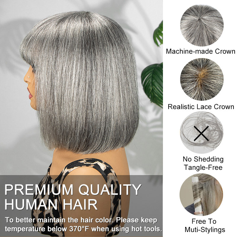 Vivian | Chic Salt & Pepper Straight Bob Wig With Bangs Real Human Hair  10 inch wear and go Glueless Wigs For older women over 50 from Soul Lady Wig Store-side view