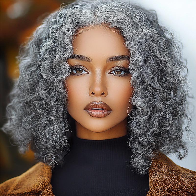 Soul Lady Seniors Salt And Pepper Wig Water Wave More Grey Human Hair 5x5 HD Lace Bob Wigs