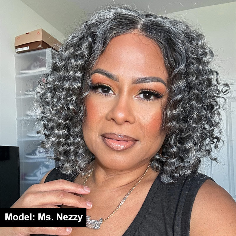 Seniors Salt And Pepper Wig Water Wave More Grey Human Hair 5x5 HD Lace Bob Wigs-Ms-Nezzy