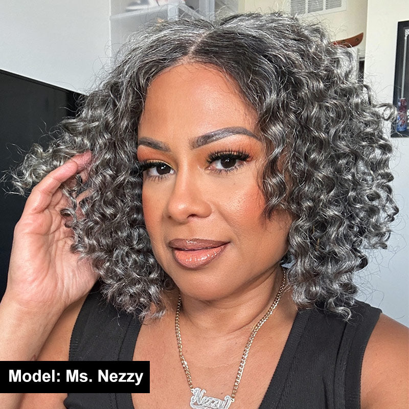 Soul lady wigs Seniors Salt And Pepper Wig Water Wave More Grey Human Hair 5x5 HD Lace Bob Wigs-Ms-Nezzy