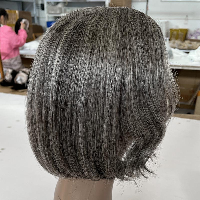 Soul Lady Seniors Wear-Go Wig Salt and Pepper Natural Straight Wavy Bob Real Human Hair Glueless V-Part Wigs For Women-side show