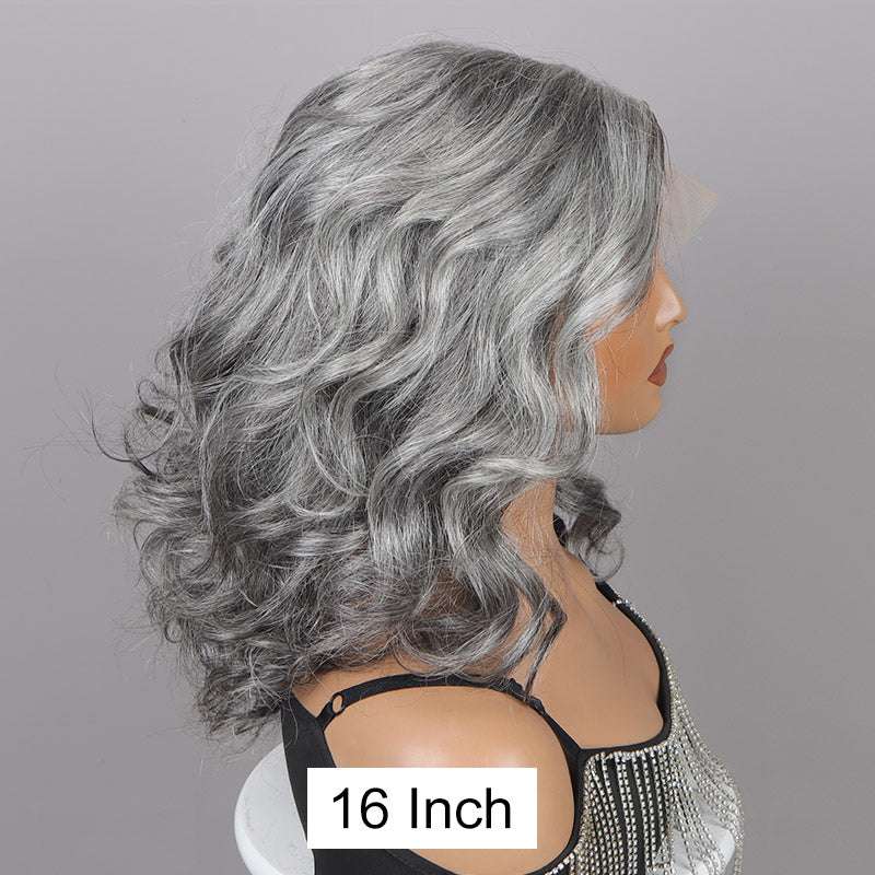 Attractive Seniors Silver Grey Body Wave Wig Standard Salt And Pepper Real Human Hair 5x5 HD Lace Wigs For Women-side show