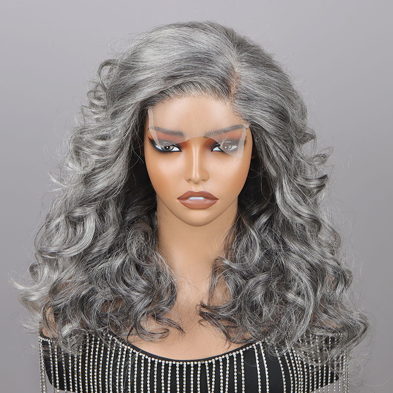 Attractive Seniors Silver Grey Body Wave Wig Standard Salt And Pepper Real Human Hair 5x5 HD Lace Wigs For Women-front show