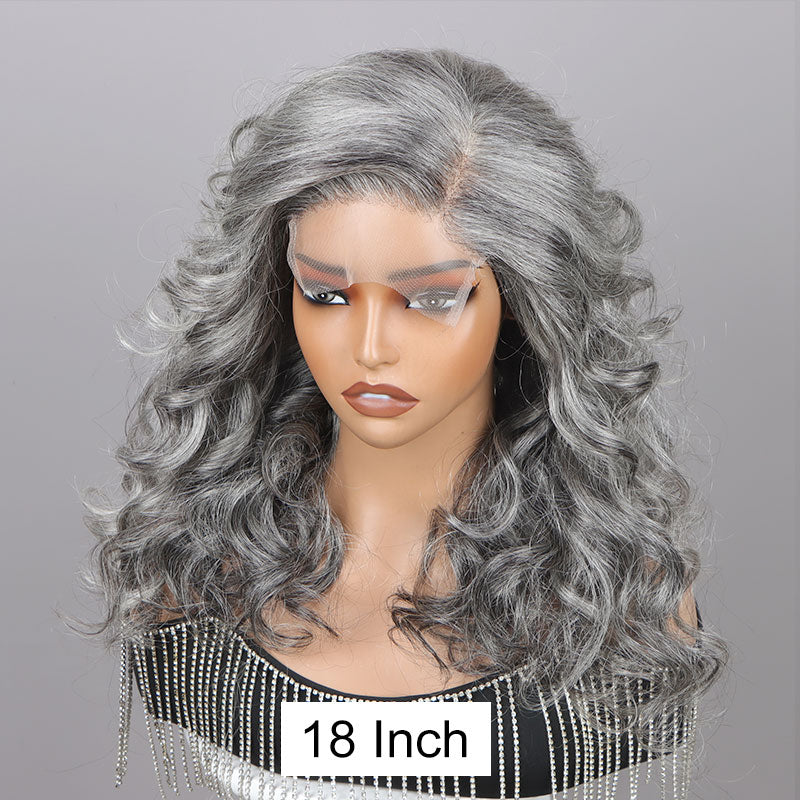 Attractive Seniors Silver Grey Body Wave Wig Standard Salt And Pepper Real Human Hair 5x5 HD Lace Wigs For Women-side show