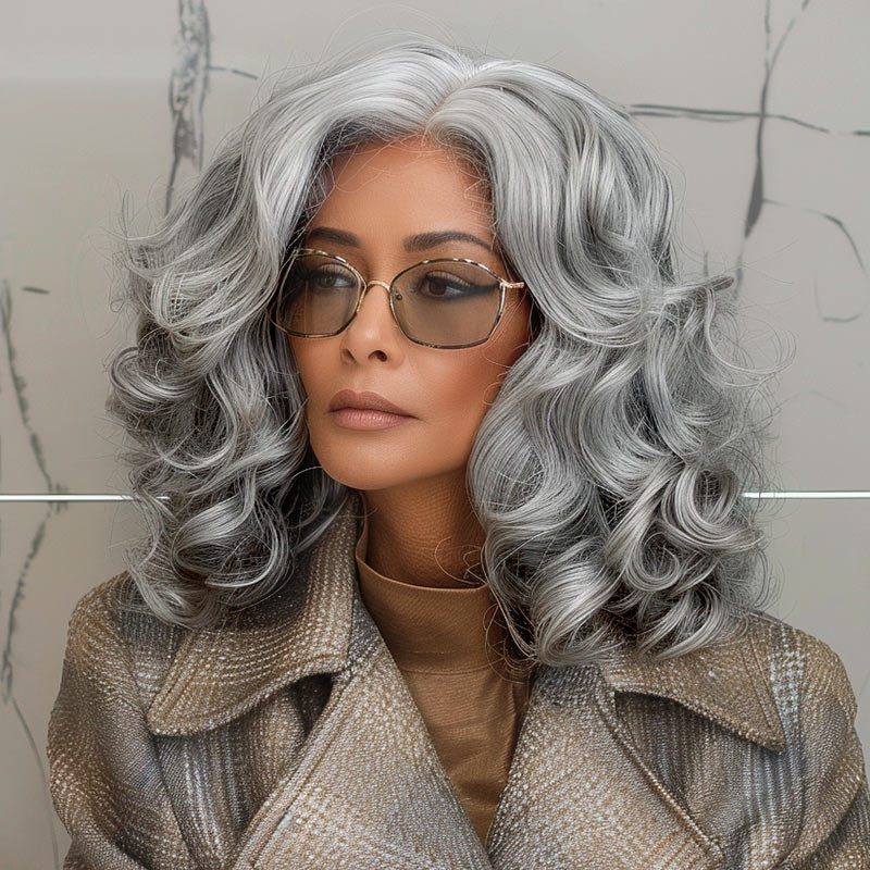 Attractive Seniors Silver Grey Body Wave Wig Standard Salt And Pepper Real Human Hair 5x5 HD Lace Wigs For Women-model show