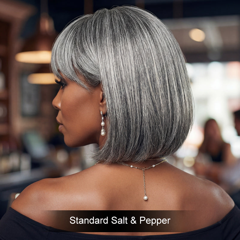 Salt and Pepper Short Bob Wig Silver Straight Human Hair  display picture 3