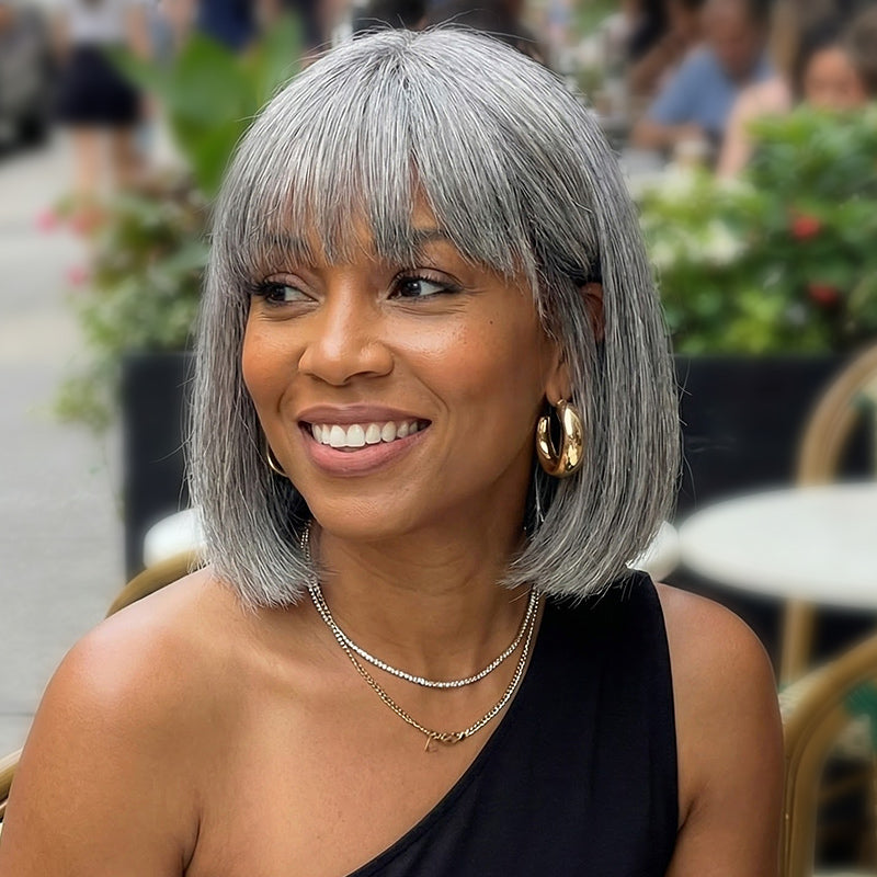 Flash Sale | Trendy Salt & Pepper Straight Bob Wig With Bangs Real Human Hair Glueless Wigs For Women
