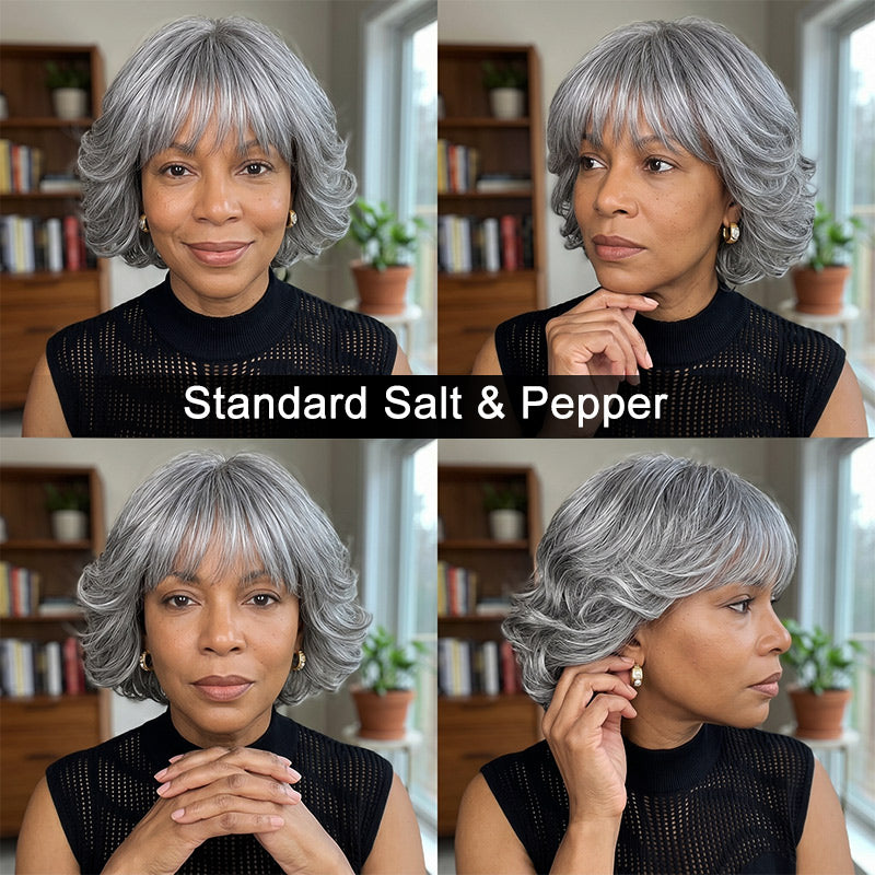 Short Human Hair Wig with Bangs Wavy Natural Look Glueless Comfortable Cap Salt and Pepper Bob Wig with Bangs Natural Wavy Human Hair  main image 3