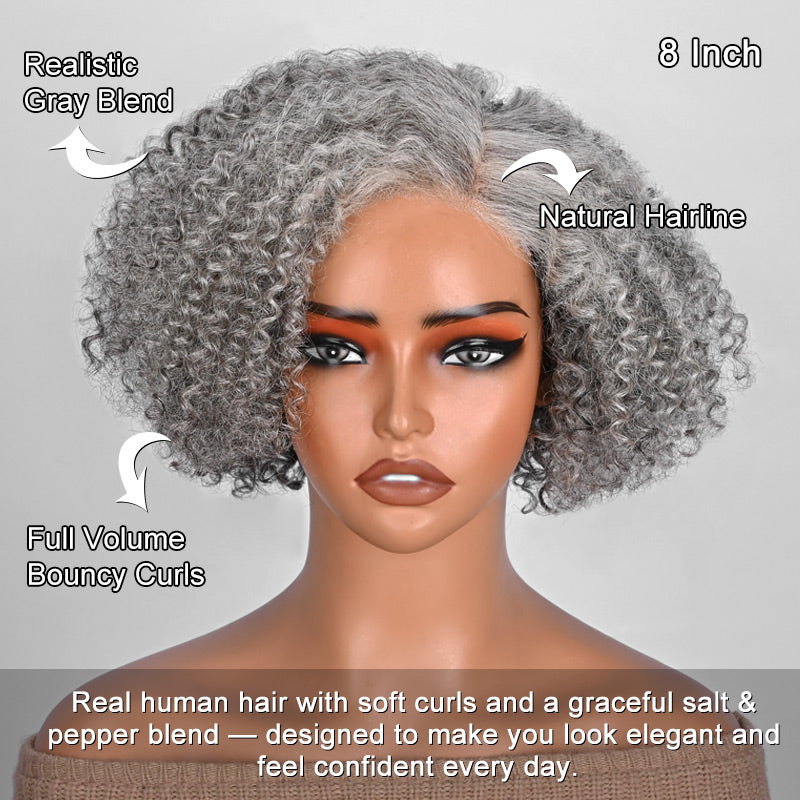 Soul Lady wigs | Short Jerry Curly Gray Wig | Real Salt & Pepper Human Hair Glueless Lace Wigs For Mature & Stylish Women | Silver Gray Closure Wig 8 inch