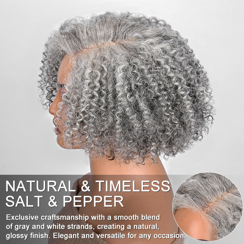 Soul Lady wigs | Short Jerry Curly Gray Wig | Real Salt & Pepper Human Hair Glueless Lace Wigs For Mature & Stylish Women | Silver Gray Closure Wig 8 inch-side show