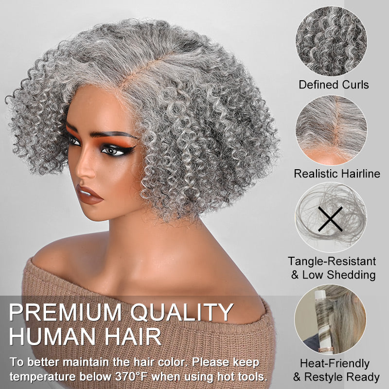 Soul Lady wigs | Short Jerry Curly Gray Wig | Real Salt & Pepper Human Hair Glueless Lace Wigs For Mature & Stylish Women | Silver Gray Closure Wig 8 inch-details