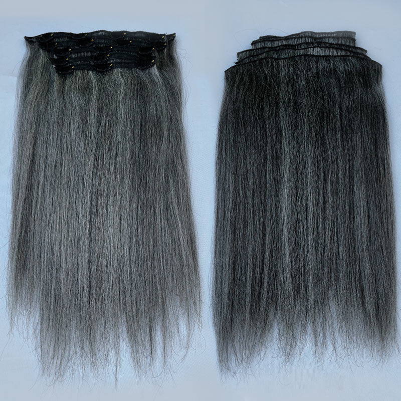 Salt And Pepper Straight Hair Clip In Hair Extensions Silver Gray Human Hair Extensions
