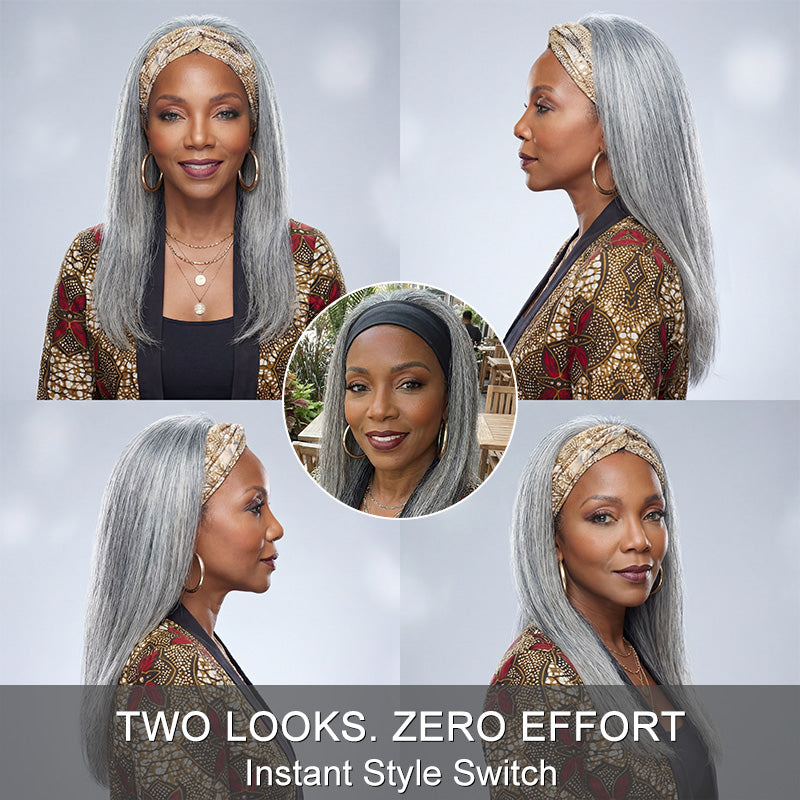 Soul Lady Silver Gray Straight Hair Headband Wig Real Human Hair Glueless Wigs For Women-standard salt and pepper color wig,model with different boho print headband