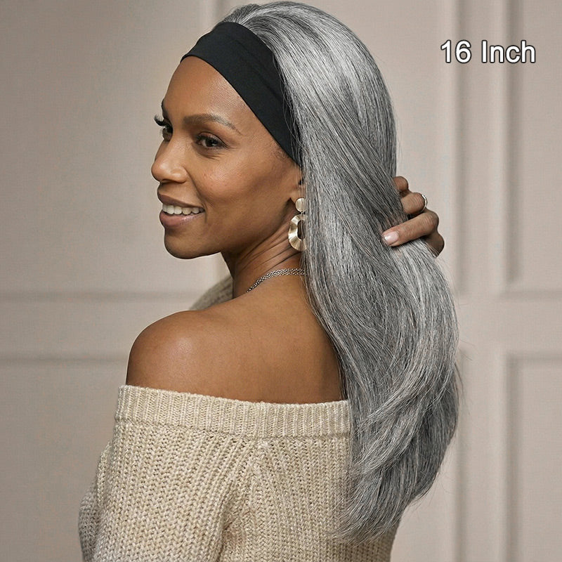 Soul Lady Silver Gray Straight Hair Headband Wig Real Human Hair Glueless Wigs For Women-standard salt and pepper color wig-fashion siver gray women- 16 inch headband wig