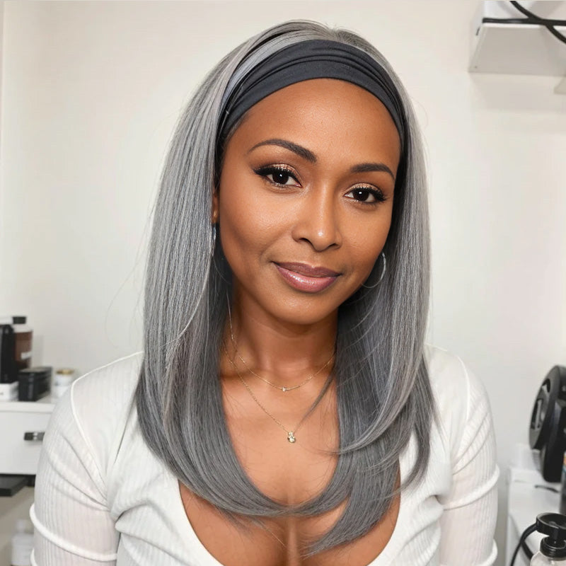 Silver Gray Straight Hair Real Human Hair Salt And Pepper Headband Wig ...
