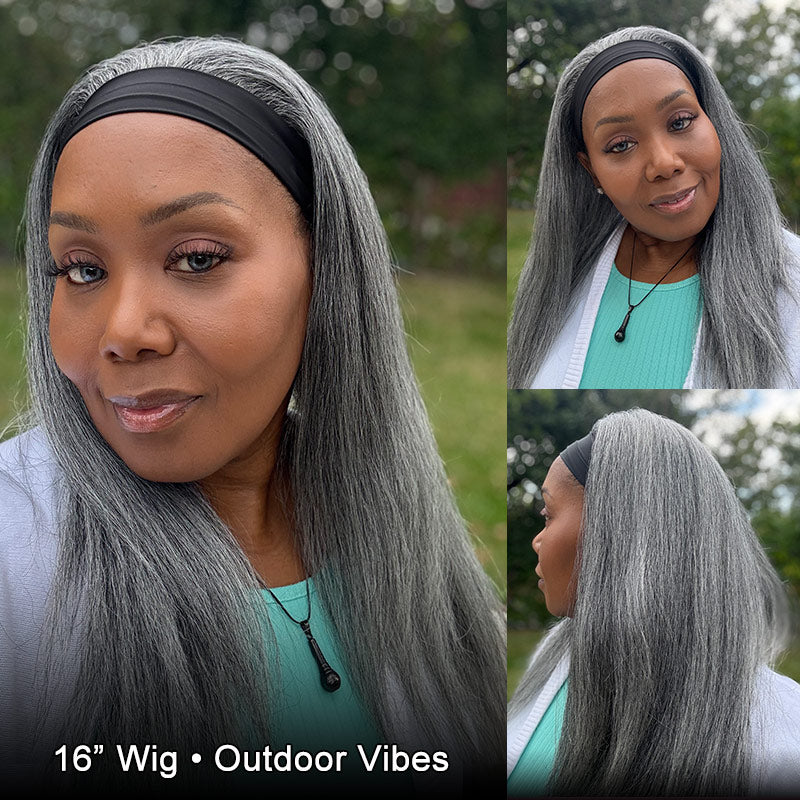 Soul Lady Silver Gray Straight Hair Headband Wig Real Human Hair Glueless Wigs For Women-standard salt and pepper color wig-model-auntie-nique in outdoor fashion gray hair vibes