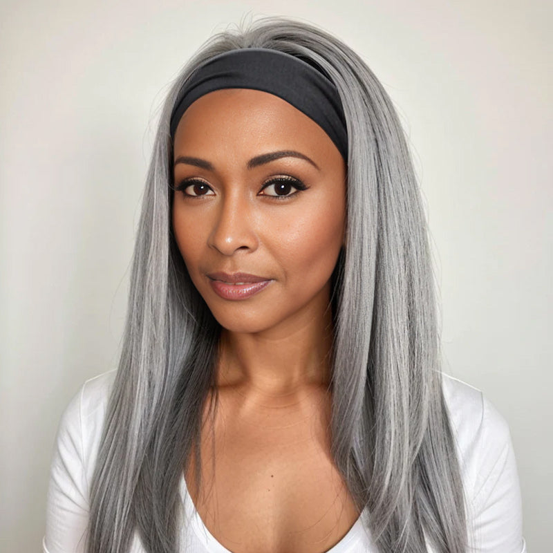 Silver Gray Straight Hair Real Human Hair Salt And Pepper Headband Wig