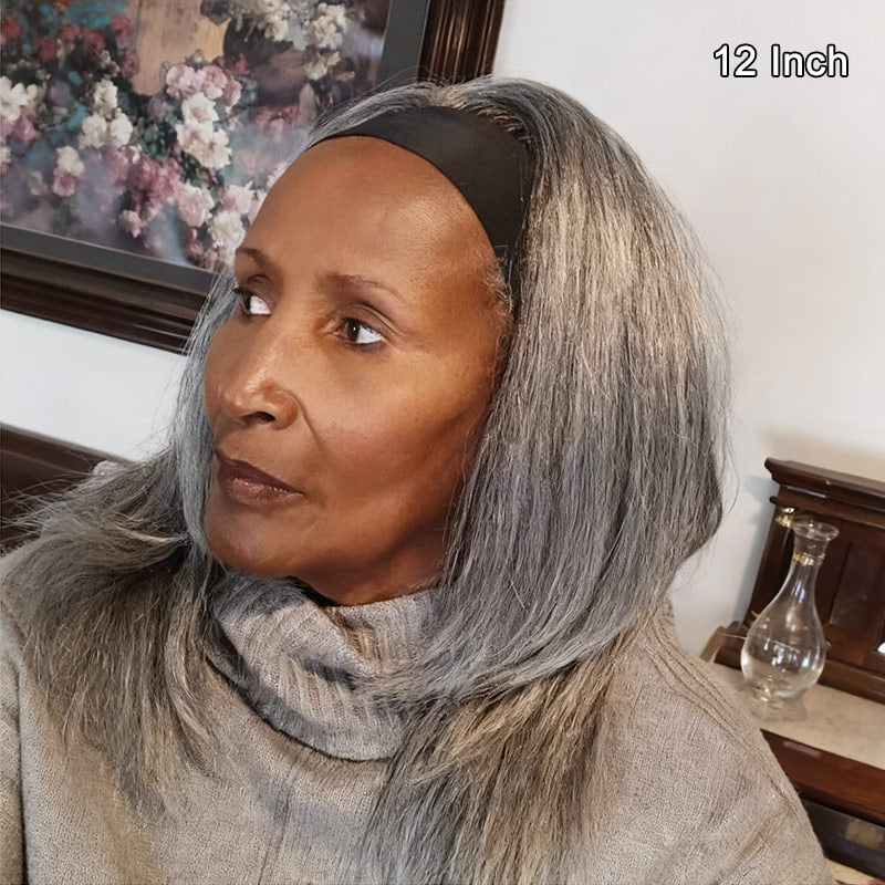 Soul lady salt and pepper wigs Silver Gray Straight Hair Headband Wig Real Human Hair Glueless Wigs For Women-model show-12 inch glueless wig for all day comfort