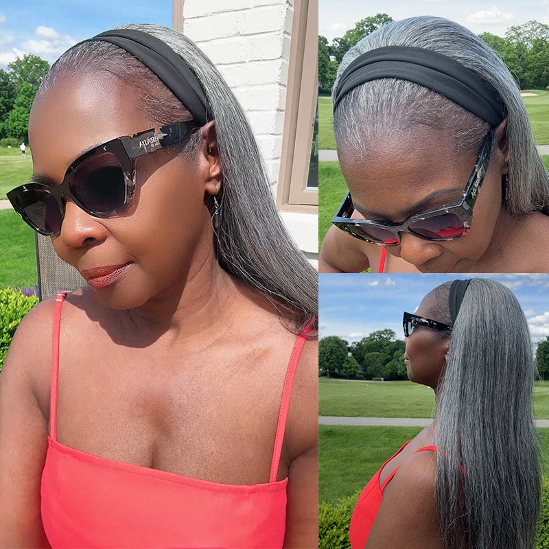 Soul Lady Silver Gray Straight Hair Headband Wig Real Human Hair Glueless Wigs For Women-standard salt and pepper color wig