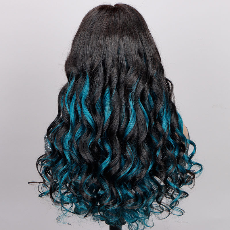 Soul Lady Teal Blue Peekaboo Balayage Highlight Wig Long Body Wave Human Hair Glueless 6x4 Pre Cut Pre Bleached Lace Wig-BACK