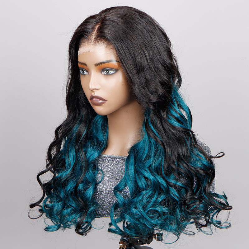 Soul Lady Teal Blue Peekaboo Balayage Highlight Wig Long Body Wave Human Hair Glueless 6x4 Pre Cut Pre Bleached Lace Wig-SIDE FRONT