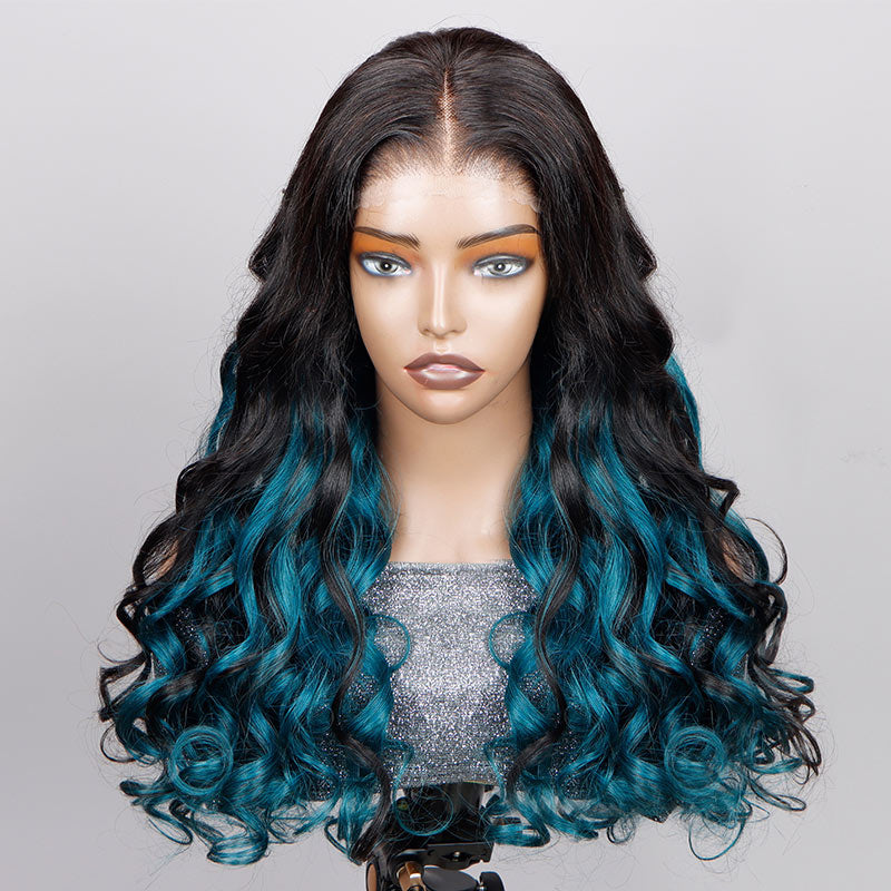 Soul Lady Teal Blue Peekaboo Balayage Highlight Wig Long Body Wave Human Hair Glueless 6x4 Pre Cut Pre Bleached Lace Wig