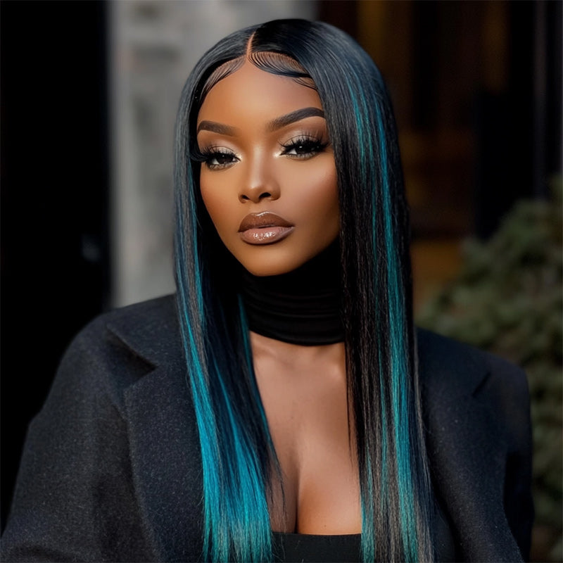 Soul Lady Teal Blue Peekaboo Balayage Highlight Wig Long Silky Straight Hair Glueless 6x4 Pre Cut Pre Bleached Lace Wig or young women