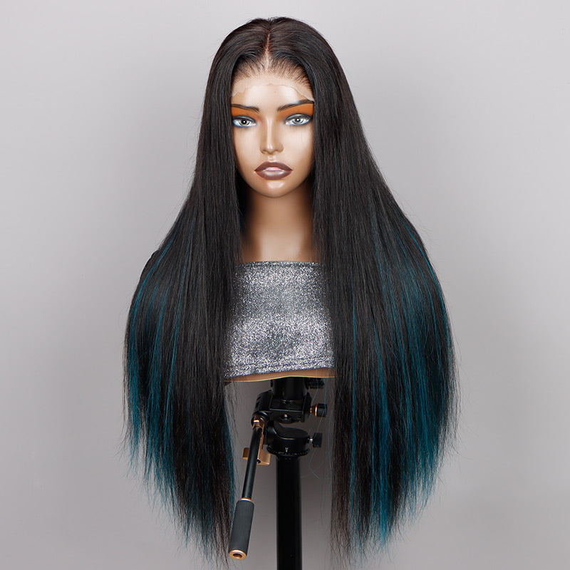 Soul Lady Teal Blue Peekaboo Highlight Wig Long Silky Straight Hair Glueless 6x4 Pre Cut Pre Bleached Lace Wig