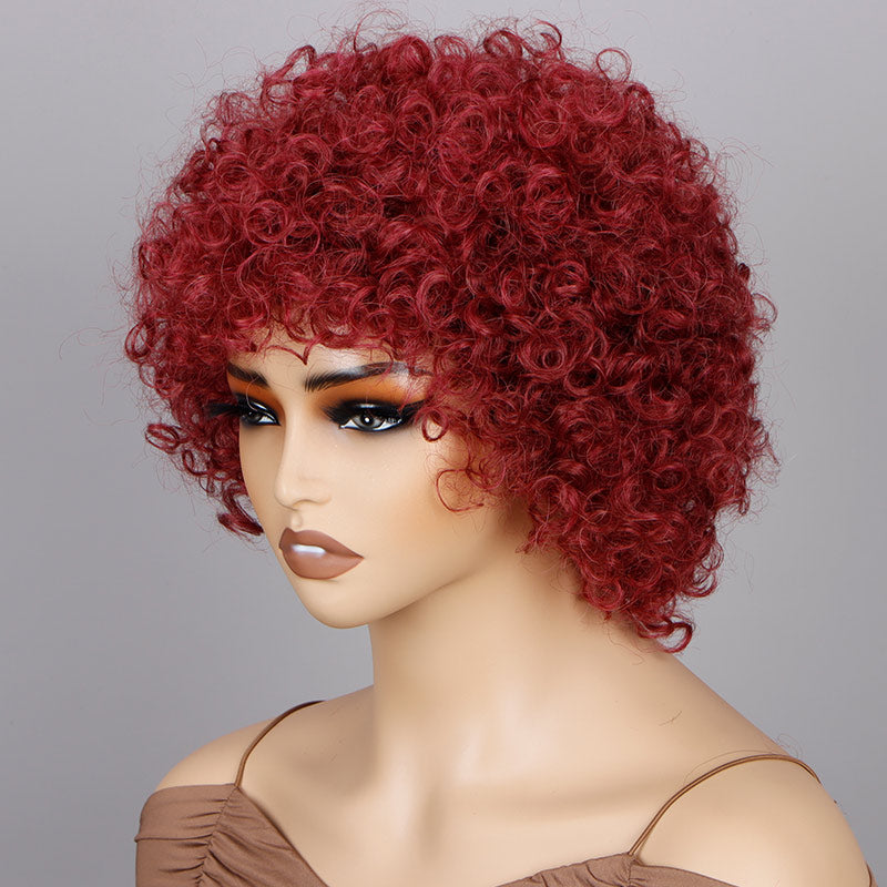 Soul Lady Vermilion Red Short Bouncy Curly Wig With Bangs Real Human Hair Glueless Wear And Go Wigs