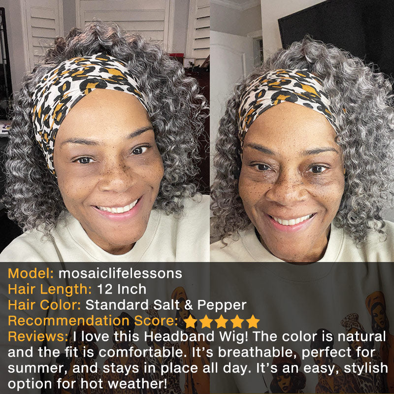 Soul Lady gray wigs Ready To Go Salt And Pepper Water Wave Human Hair Headband Wig For Older Women over 60 years old-real feedback after wear the wig
