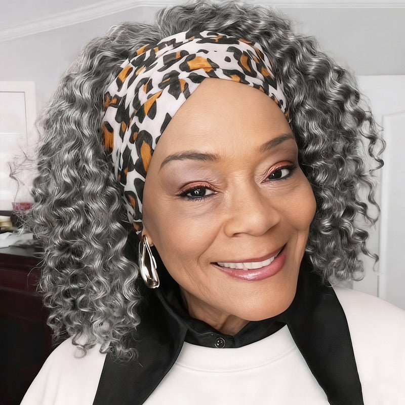 Soul Lady gray wigs Ready To Go Salt And Pepper Water Wave Human Hair Headband Wig For Older Women over 60 years old-everyday go wig for seniors