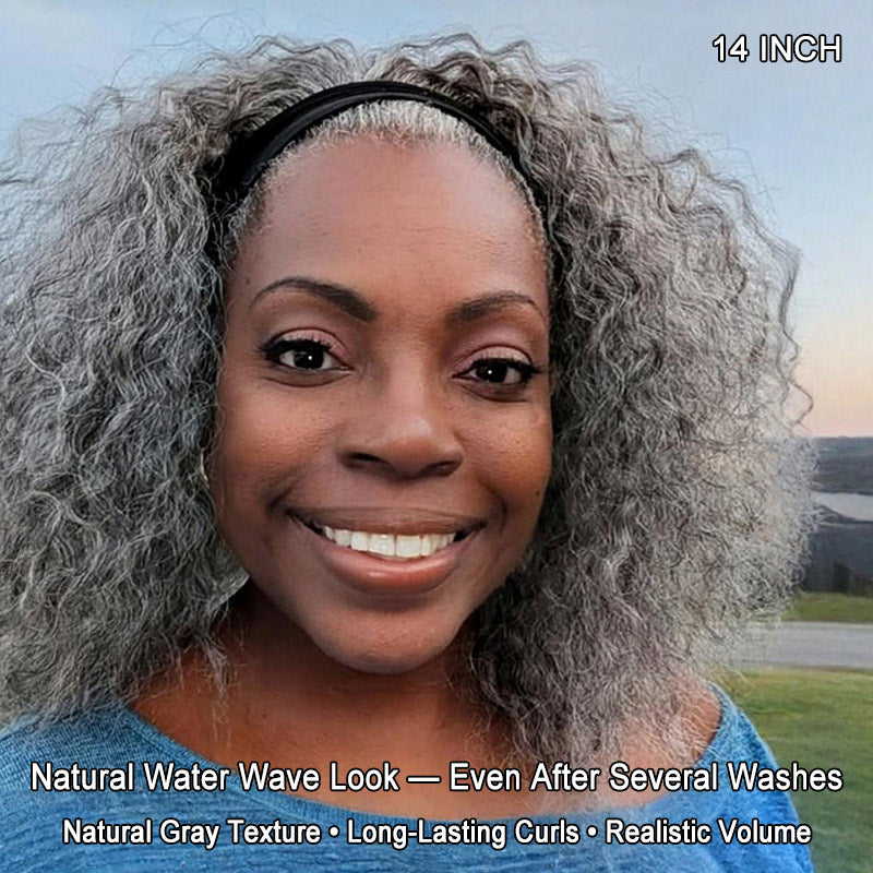 Etta | Ready To Go Salt And Pepper Water Wave Human Hair Headband Wig- soul lady real human hair gray blend wig for older women over 60 - model stunninglygreysful