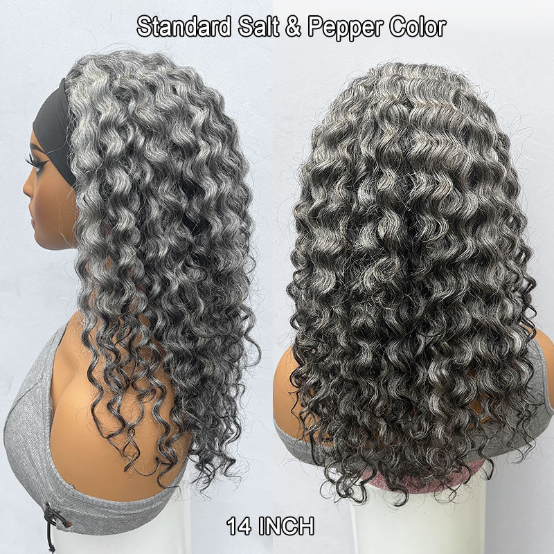 Soul lady Ready To Go Salt And Pepper Water Wave Human Hair Headband Wig For Older Women-side wig