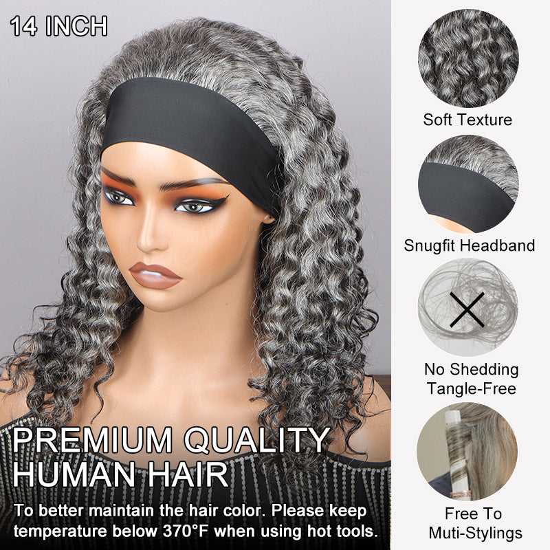 Soul lady Ready To Go Salt And Pepper Water Wave Human Hair Headband Wig For Older Women-glueless wig- side view