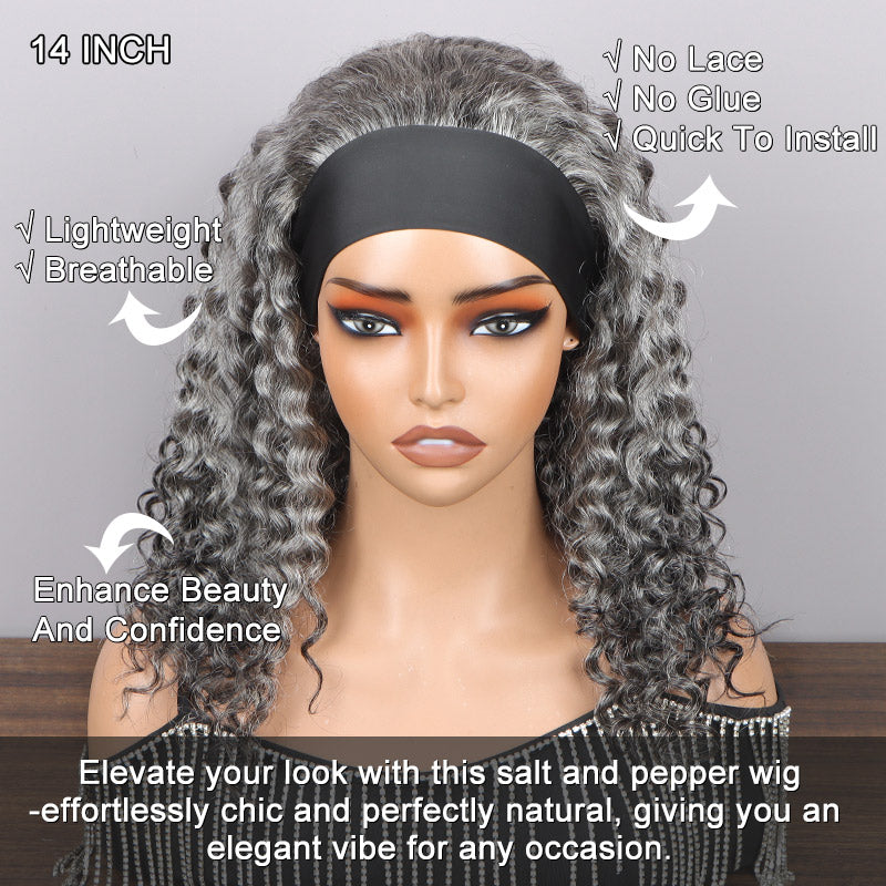 Soul lady Ready To Go Salt And Pepper Water Wave Human Hair Headband Wig For Older Women-glueless wig- front view