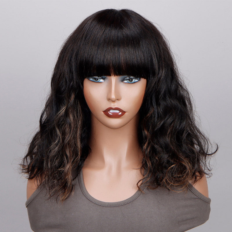 Soul Lady Brown Peekaboo Highlight Natural Wave Human Hair Wig With Bangs Quick Wear And Go Glueless Wigs 180% Density-front
