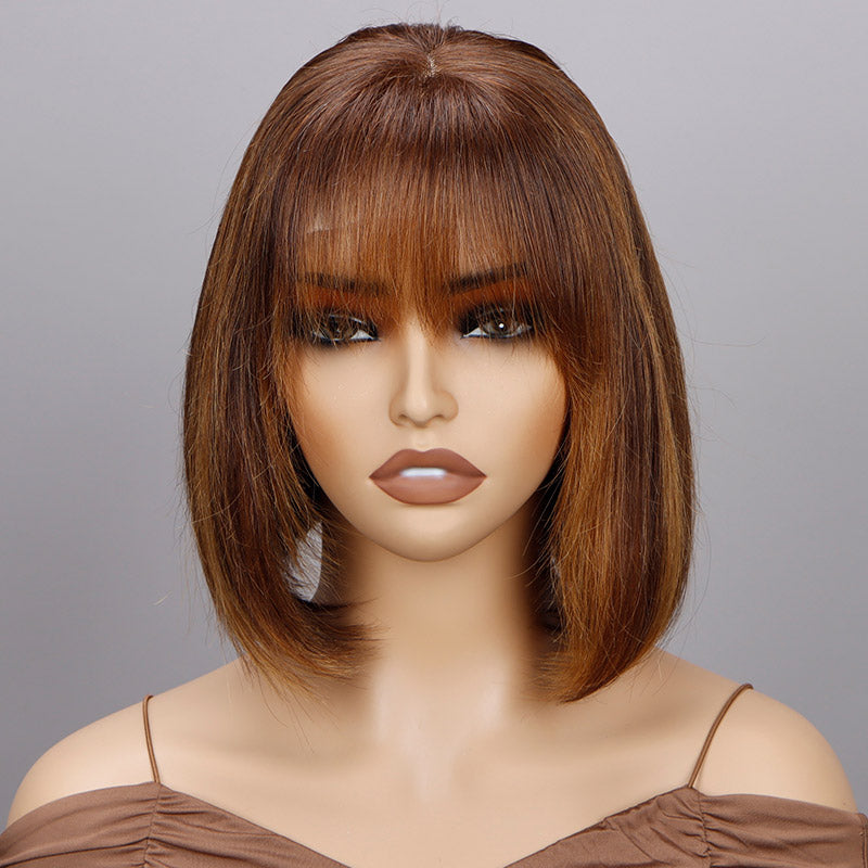 Soul Lady Mix Caramel Brown Highlight Bob Wig With Bangs Short Straight Human Hair Glueless 4x4 Lace Closure Wigs-FRONT