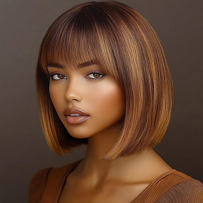 Soul Lady Caramel Brown Highlight Bob Wig With Bangs Short Straight Human Hair Glueless 4x4 Lace Closure Wigs