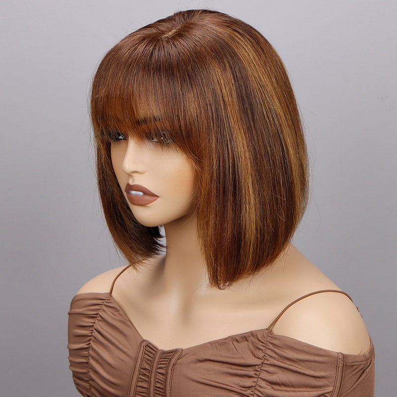 Straight Highlight Bob Wigs Brown Highlight Human Hair Wig with Bangs ...