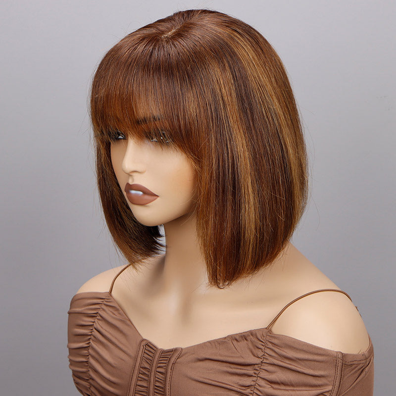 Soul Lady Mix Caramel Brown Highlight Bob Wig With Bangs Short Straight Human Hair Glueless 4x4 Lace Closure Wigs