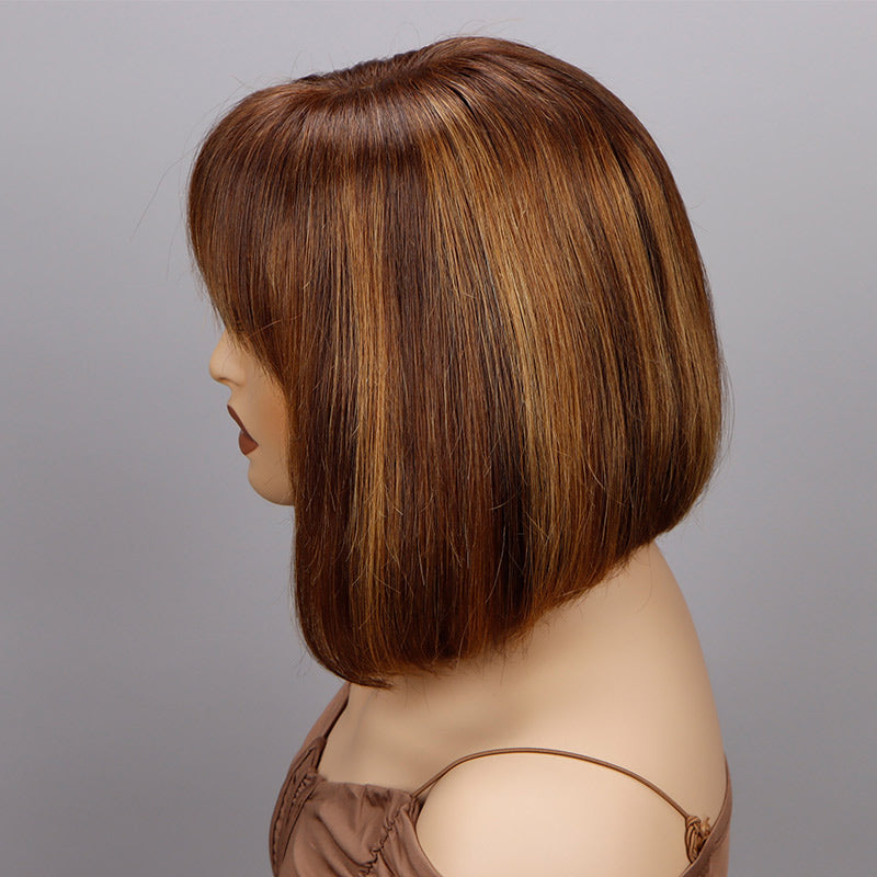 Soul Lady Mix Caramel Brown Highlight Bob Wig With Bangs Short Straight Human Hair Glueless 4x4 Lace Closure Wigs-side