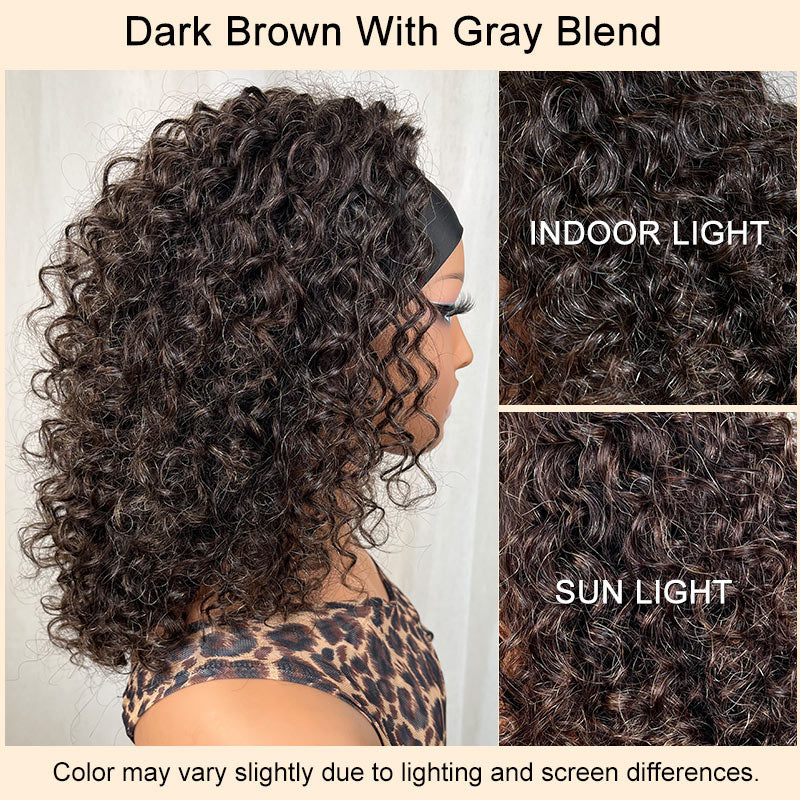 Soul Lady Wigs Dark brown mixed gray water wave headband human hair wig for mature women, made with 100% real human hair, featuring natural salt and pepper blend color, soft and bouncy water wave texture, glueless no lace design, easy to wear and beginner friendly, suitable for daily use and comfortable long time wear. different color show