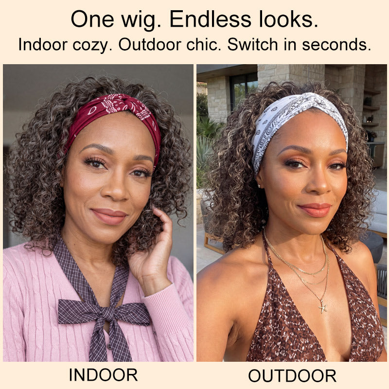 Soul Lady Wigs Dark brown mixed gray water wave headband human hair wig for mature women, made with 100% real human hair, featuring natural salt and pepper blend color, soft and bouncy water wave texture, glueless no lace design, easy to wear and beginner friendly, suitable for daily use and comfortable long time wear. A woman wearing a wig with headbands, one indoors and one outdoors, with text indicating versatility.